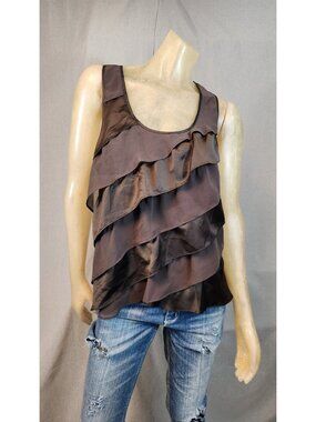 Target Limited Ed Brown Scoop Neck Diag Ruffle Blouse Tank Shirt Womens MEDIUM